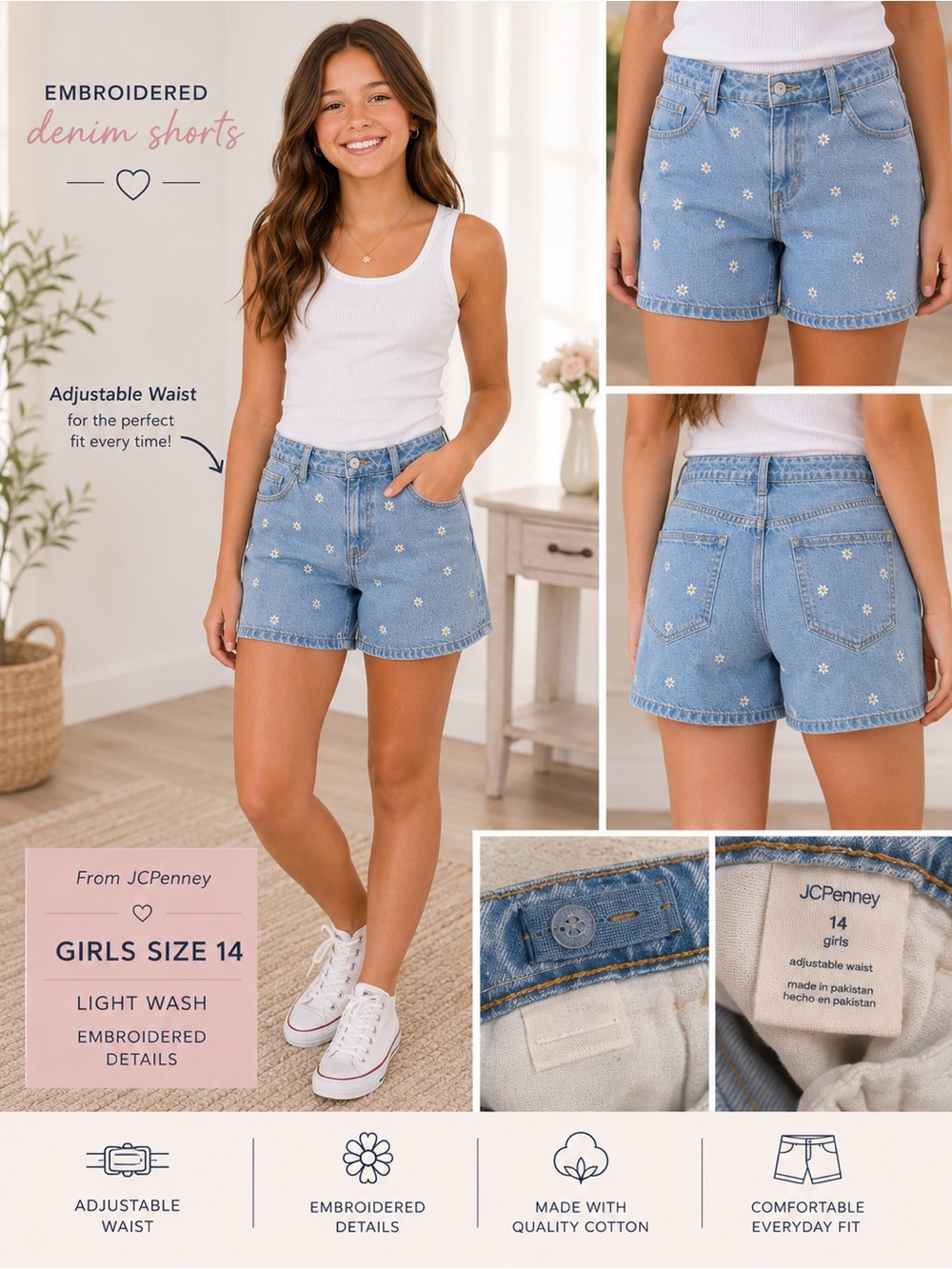 JCPenney Girls' Light Wash Embroidered Daisy Denim Shorts - Blue